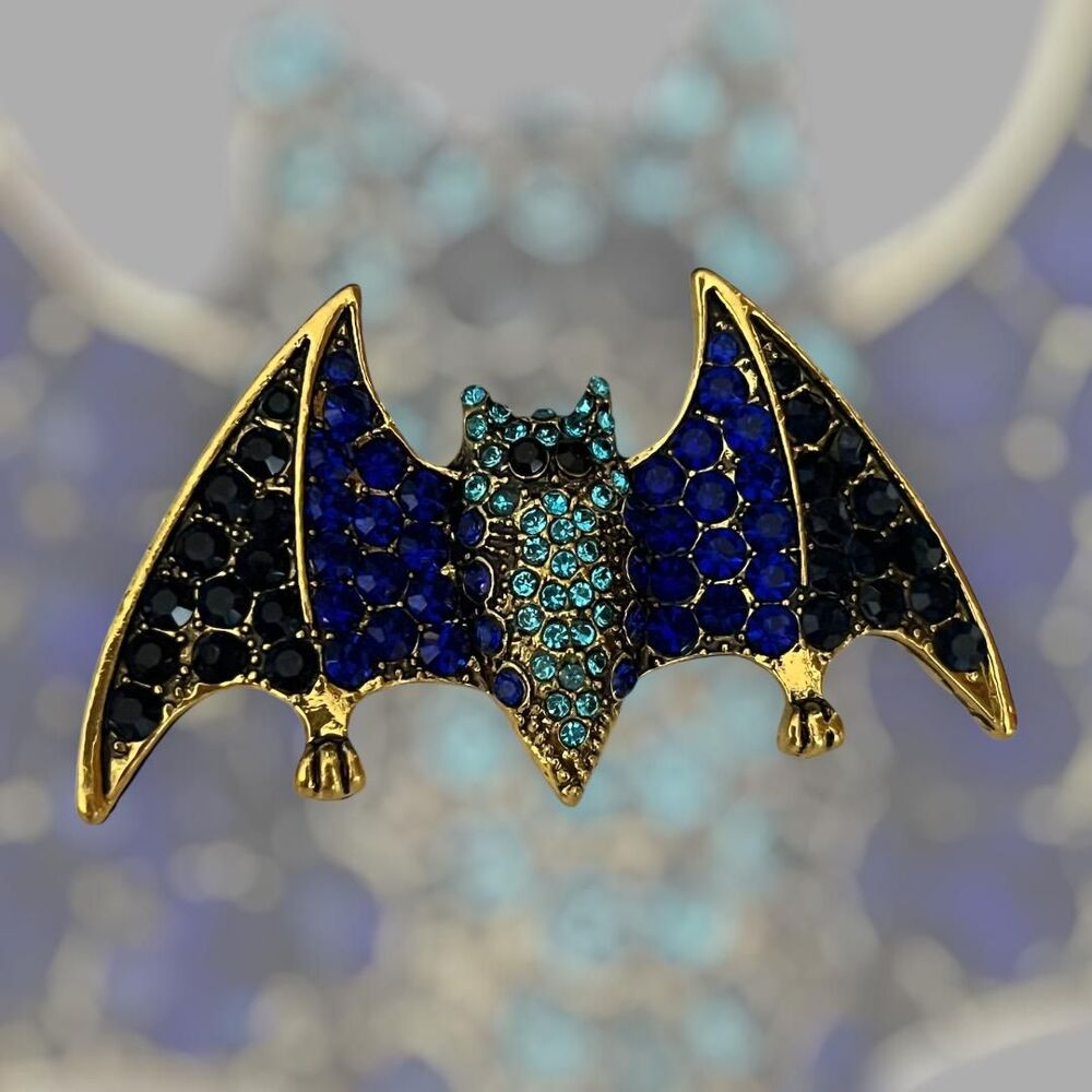 Stunning Elegant Halloween Bat Pin  - Sparkling Rhinestone Brooch BLUE/GOLD